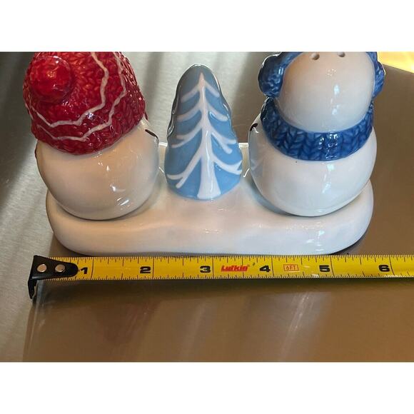 St Nicholas Square Let It Snow Snowman Salt & Pepper Shakers With Stand GUC 3 PC - Picture 8 of 9